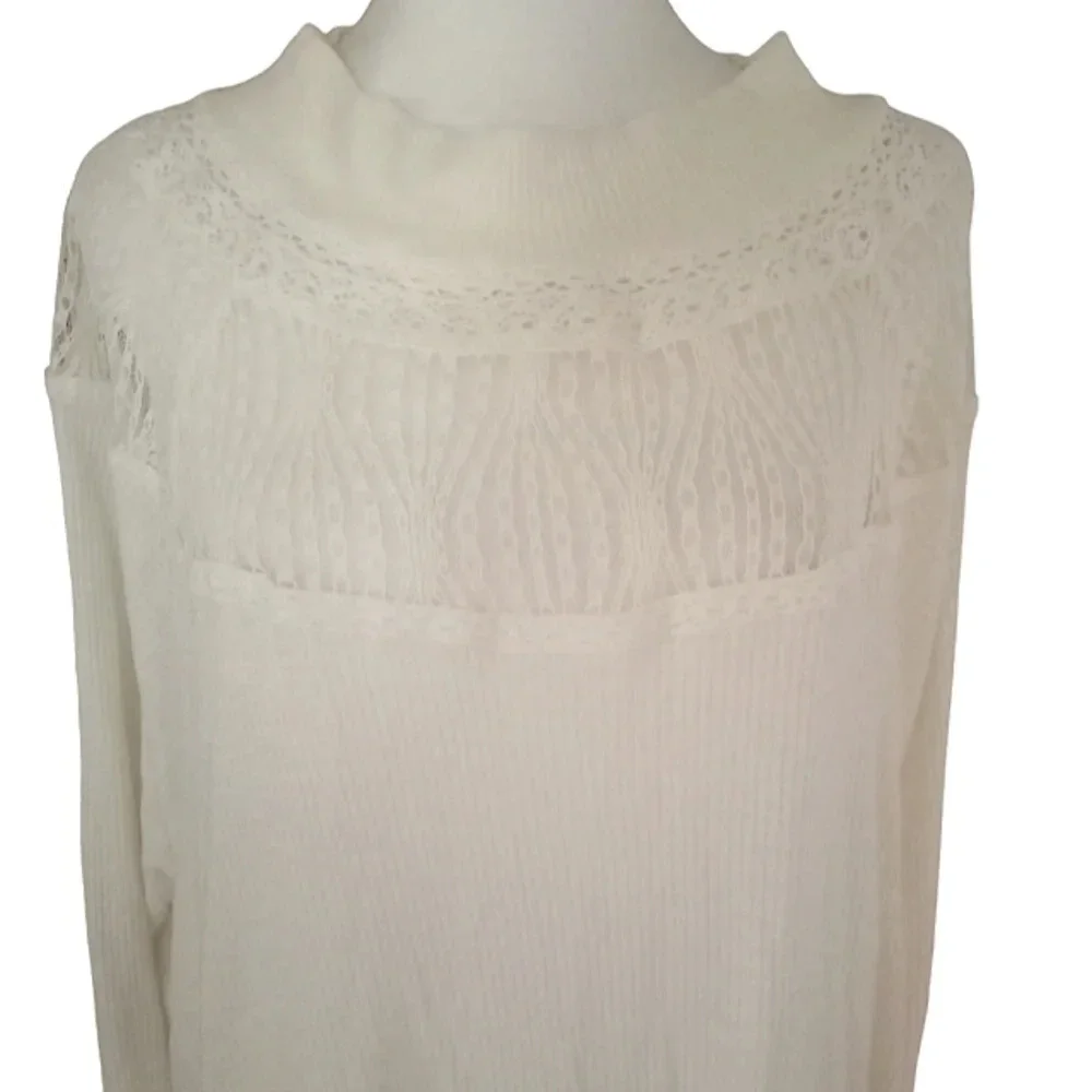Free People White Spring Valley Lace Insert Waffle Knit Long Sleeve Size Medium